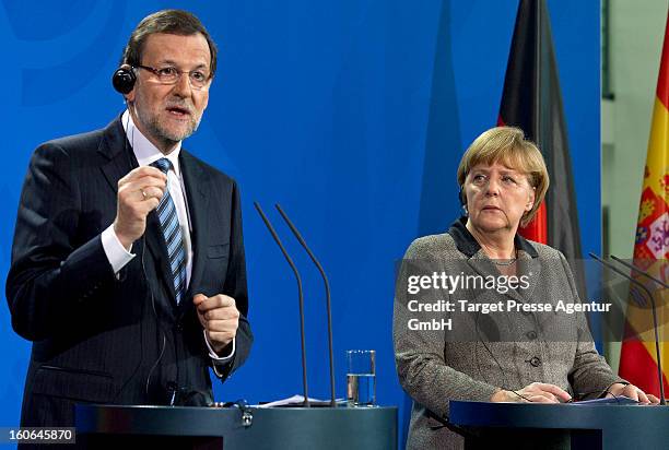 German Chancellor Angela Merkel receives Spanish Prime Minister Mariano Rajoy at the Chancellery on February 4, 2013 in Berlin, Germany. Topics of...