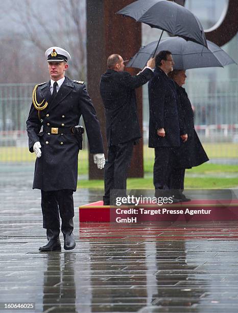 German Chancellor Angela Merkel receives Spanish Prime Minister Mariano Rajoy at the Chancellery on February 4, 2013 in Berlin, Germany. The German...