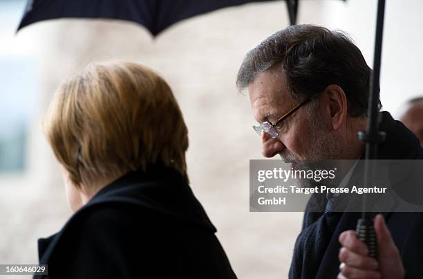 German Chancellor Angela Merkel receives Spanish Prime Minister Mariano Rajoy at the Chancellery on February 4, 2013 in Berlin, Germany. The German...