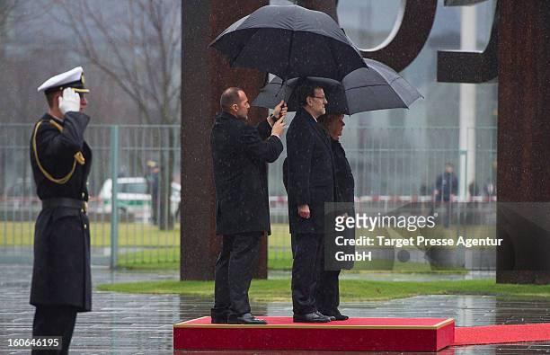 German Chancellor Angela Merkel receives the Spanish Prime Minister Mariano Rajoy at the Chancellery on February 4, 2013 in Berlin, Germany. The...