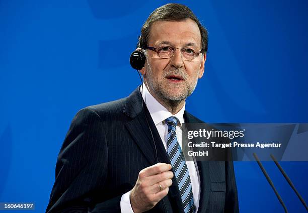 Spanish Prime Minister Mariano Rajoy speaks at a press conference at the German Chancellery on February 4, 2013 in Berlin, Germany. Topics of the...