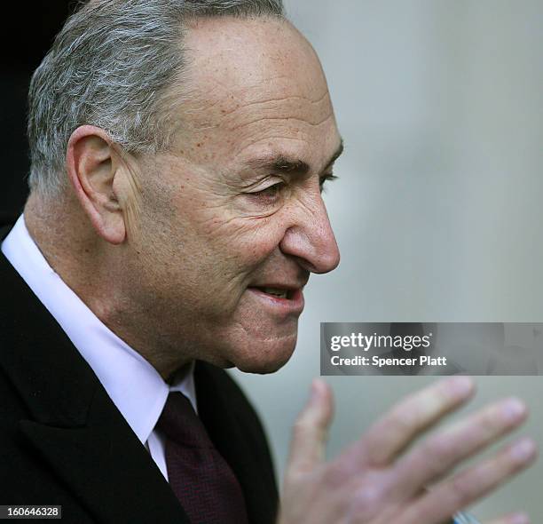 Sen. Chuck Schumer attends funeral services for former New York City Mayor Ed Koch at Manhattan's Temple Emanu-El on February 4, 2013 in New York...