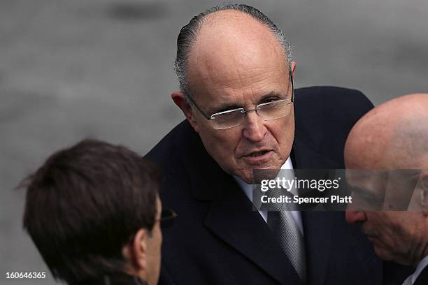 Former New York Mayor Rudy Giuliani attends funeral services for former New York Mayor Ed Koch at Manhattan's Temple Emanu-El on February 4, 2013 in...