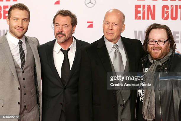 Jai Courtney, Sebastian Koch, Bruce Willis and John Moore attend 'Die Hard - Ein Guter Tag Zum Sterben' Germany Premiere at Cinestar Potsdamer Platz...