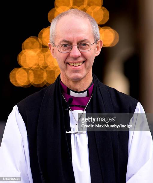 The Most Reverend Justin Welby, Archbishop of Canterbury stands on the steps of St Paul's Cathedral after attending a service confirming him as the...