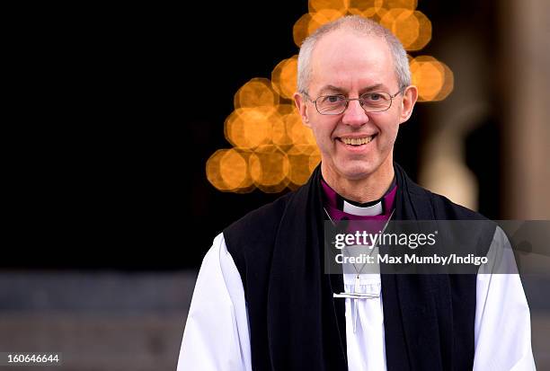 The Most Reverend Justin Welby, Archbishop of Canterbury stands on the steps of St Paul's Cathedral after attending a service confirming him as the...