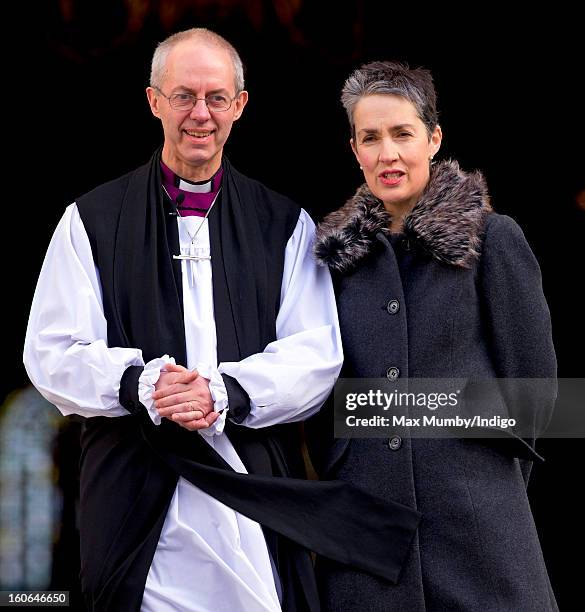 The Most Reverend Justin Welby, Archbishop of Canterbury and his wife Caroline Welby stand on the steps of St Paul's Cathedral after attending a...