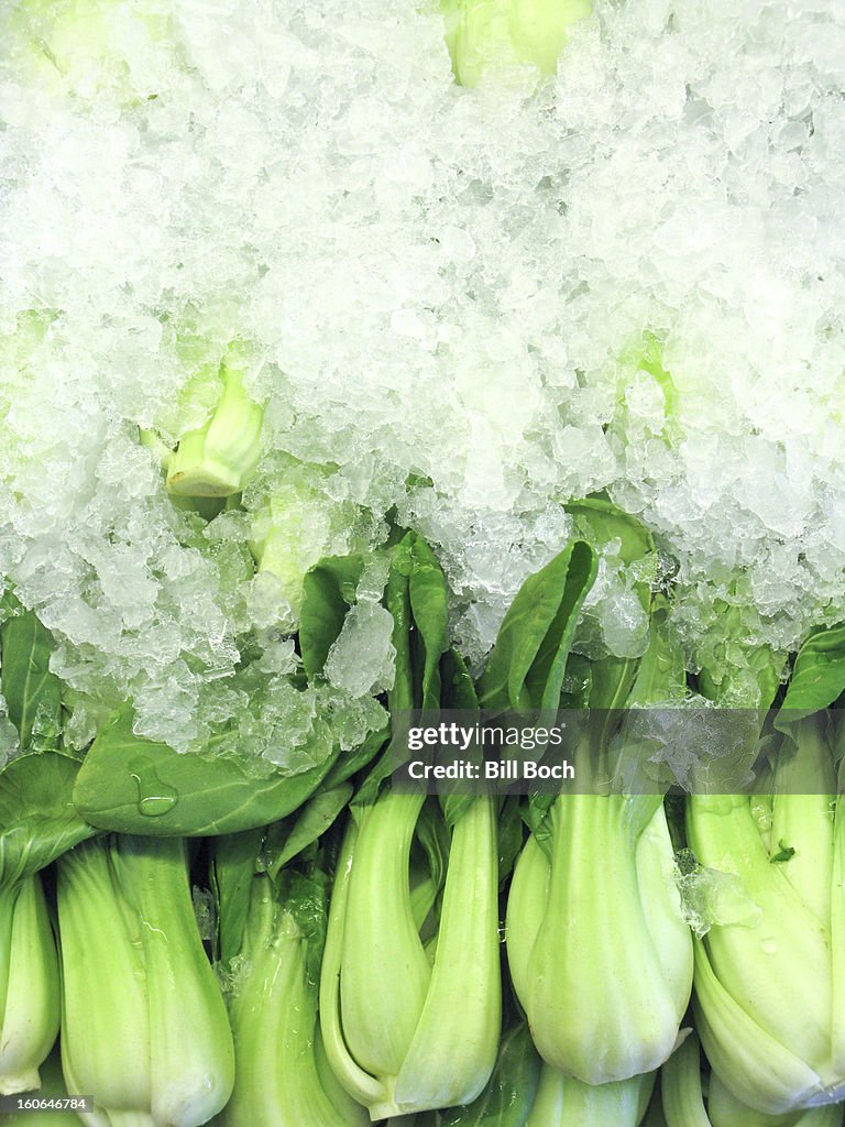 Bok choy on ice at a market