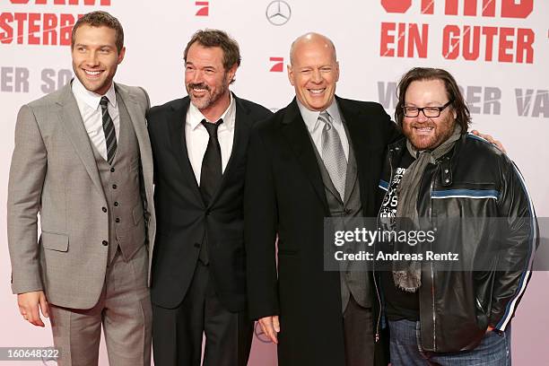 Jai Courtney, Sebastian Koch, Bruce Willis and John Moore attend 'Die Hard - Ein Guter Tag Zum Sterben' Germany Premiere at Cinestar Potsdamer Platz...