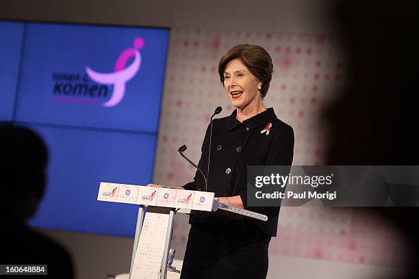 Former U.S. First lady Laura Bush makes a few remarks at the 2013 Susan G. Komen Global Women's Cancer Summit at Fairmont Hotel on February 4, 2013...