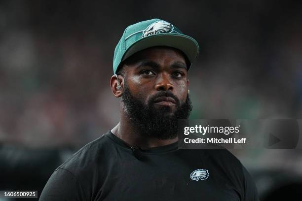 Brandon Graham of the Philadelphia Eagles looks on against the Cleveland Browns in the second half of the preseason game at Lincoln Financial Field...