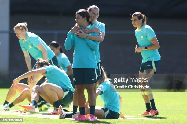 Emily van Egmond and Sam Kerr during an Australia Matildas training session during the the FIFA Women's World Cup Australia & New Zealand 2023 at...