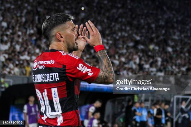 Giorgian De Arrascaeta of Flamengo reacts during a Copa CONMEBOL Libertadores 2023 round of sixteen second leg match between Olimpia and Flamengo at...