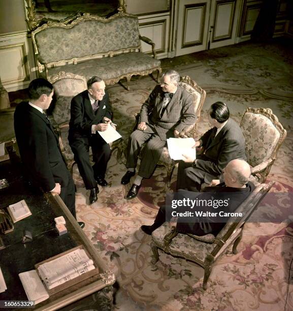 Henri Queuille And His Staff. Paris, mars 1949 : Henri QUEUILLE réunit ses collaborateurs à l'hôtel Matignon : debout, Pierre CHAUSSADE, directeur de...