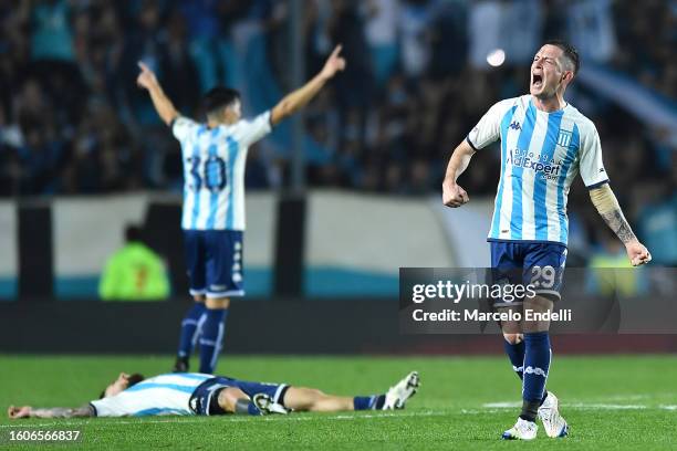 Aníbal Moreno of Racing Club celebrates after winning a Copa CONMEBOL Libertadores 2023 round of sixteen second leg match between Racing Club and...