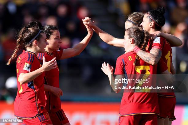 Mariona Caldentey of Spain celebrates with teammates after scoring her team's first goal during the FIFA Women's World Cup Australia & New Zealand...