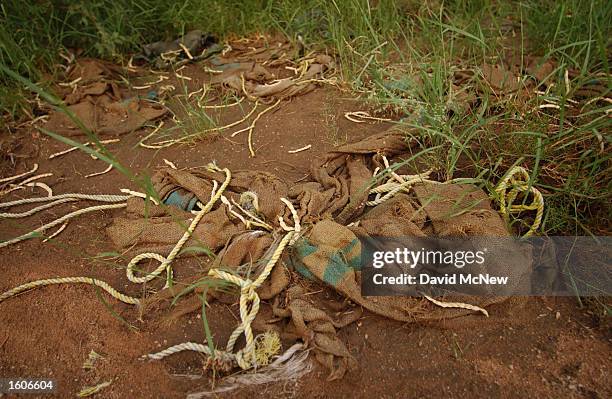 Burlap from bales of marijuana that were backpacked in from Mexico lie scattered in the desert about 70 miles north of the US/Mexico border, July 30,...