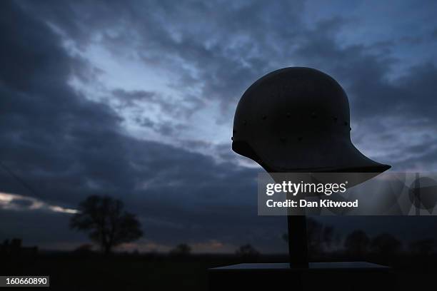 Helmet marks a trail over fields from the Bosworth Battlefield Heritage Centre on February 4, 2013 in Market Bosworth, England. The site is close to...