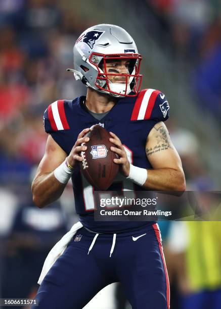 Trace McSorley of the New England Patriots looks to pass during the third quarter during the preseason game against the Houston Texans at Gillette...