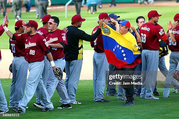 Players of Venezuela celebrate during the Caribbean Series 2013 at Sonora Stadium on February 03, 2013 in Hermosillo, Mexico.