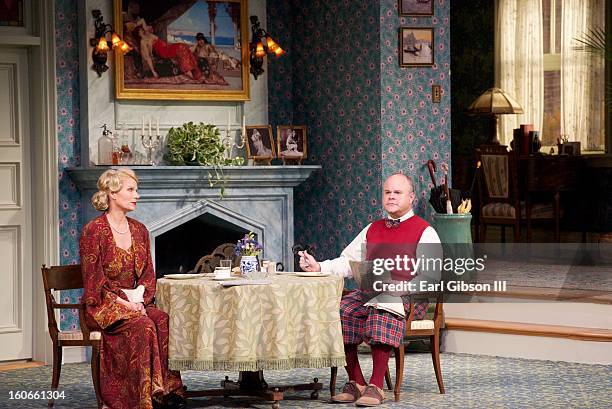 Pamela J. Gray and Mike Ryan perform in Noel Coward's play Fallen Angels opening night at the Pasadena Playhouse on February 3, 2013 in Pasadena,...