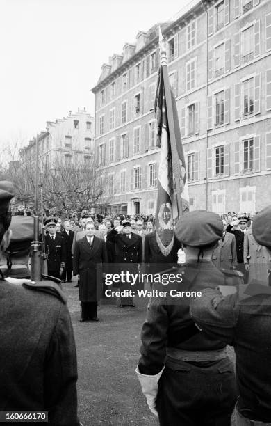 Pierre Mendes-france In Switzerland. Reportage sur Pierre MENDES-FRANCE en Suisse. Au garde-à-vous devant le drapeau.