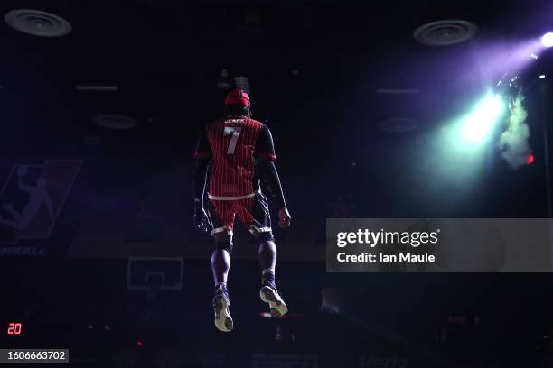 Darius Clark of Mob jumps during player introductions during a SlamBall game at the Cox Pavilion on August 10, 2023 in Las Vegas, Nevada.