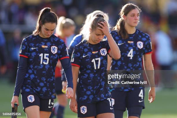 Caitlin Dijkstra, Victoria Pelova and Aniek Nouwen of Netherlands show dejection after the team's 1-2 defeat and elimination from the tournament...