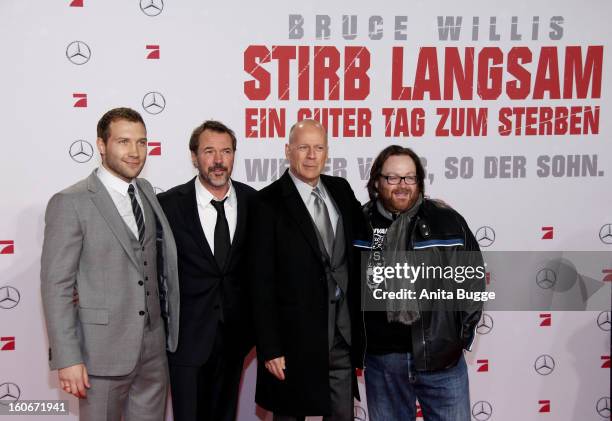 Actor Jai Courtney, German actor Sebastian Koch, actor Bruce willis and director John Moore attend the 'Die Hard - Ein Guter Tag Zum Sterben' Germany...