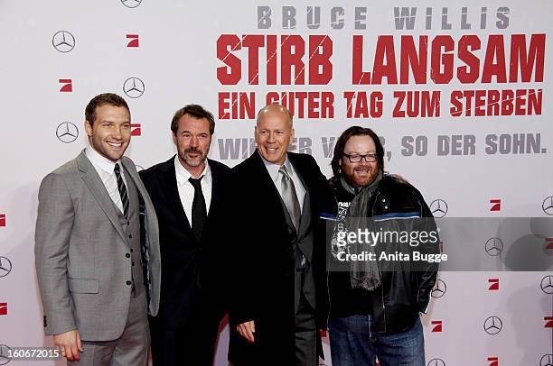 Actor Jai Courtney, German actor Sebastian Koch, actor Bruce willis and director John Moore attend the 'Die Hard - Ein Guter Tag Zum Sterben' Germany...