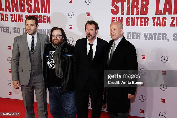 Actor Jai Courtney, director John Moore, German actor Sebastian Koch and actor Bruce Willis and attend the 'Die Hard - Ein Guter Tag Zum Sterben'...