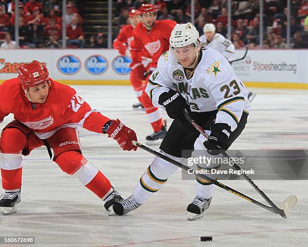 Tom Wandell of the Dallas Stars tries to carry the puck past the poke check of Jordin Tootoo of the Detroit Red Wings during an NHL game at Joe Louis...