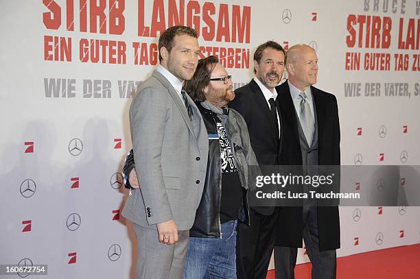 Jai Courtney, Sebastian Koch, Bruce Willis and John Moore attend the premiere of 'Die Hard - Ein Guter Tag Zum Sterben' at Sony Center on February 4,...