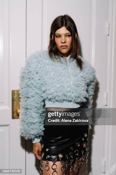 Model poses backstage at the Rotate show during the Copenhagen Fashion Week Spring/Summer 2024 on August 10, 2023 in Copenhagen, Denmark.