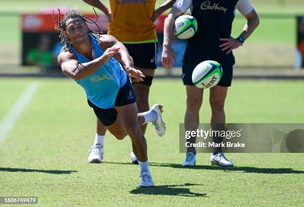 Issak Fines-Leleiwasa of the Wallabies during the Australia Wallabies training session at the Territory Rugby Stadium on August 11, 2023 in Darwin,...