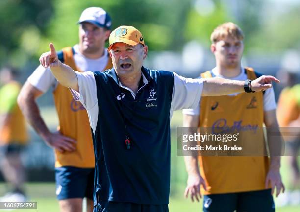 Eddie Jones head coach of the Wallabies during the Australia Wallabies training session at the Territory Rugby Stadium on August 11, 2023 in Darwin,...