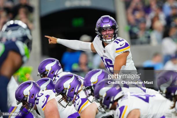 Quarterback Jaren Hall of the Minnesota Vikings calls out a play at the line of scrimmage during the third quarter of a preseason game against the...