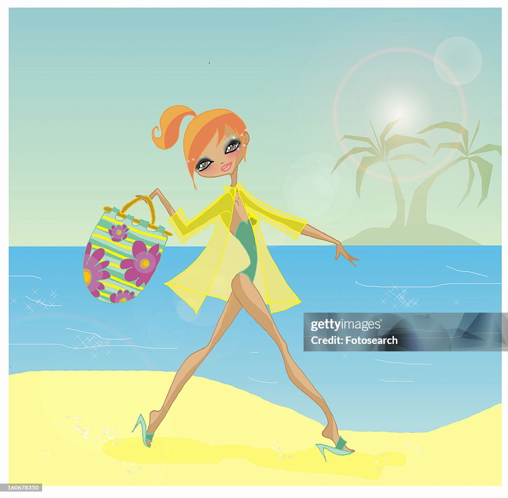 Woman arriving on tropical beach with her beach bag