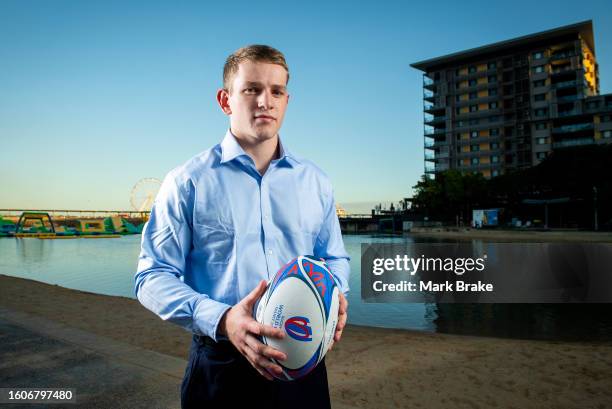 Max Jorgensen of the Wallabies poses for a photo during the Australia Wallabies Rugby World Cup Squad Announcement at Darwin Waterfront on August 10,...