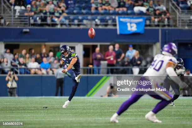 Place kicker Jason Myers of the Seattle Seahawks kicks off during the fourth quarter of a preseason game against the Minnesota Vikings at Lumen Field...