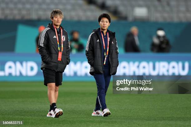 Chika Hirao and Kiko Seike of Japan inspect the pitch prior to the FIFA Women's World Cup Australia & New Zealand 2023 Quarter Final match between...