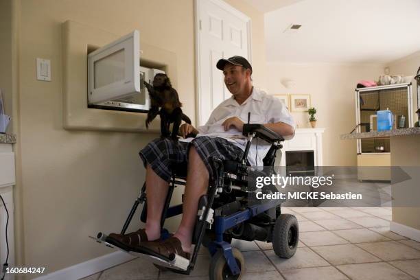 La Habra March 26, 2010: quadriplegic since a car accident, Craig Cook must rest entirely on the expertise of a little female Capuchin, Minnie one of...