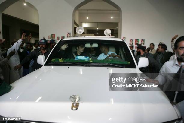 Departure from Bilawal Bhutto sitting in the front of a car after having paid his respects to his mother's family mausoleum in Ghari Khuda Baksh.