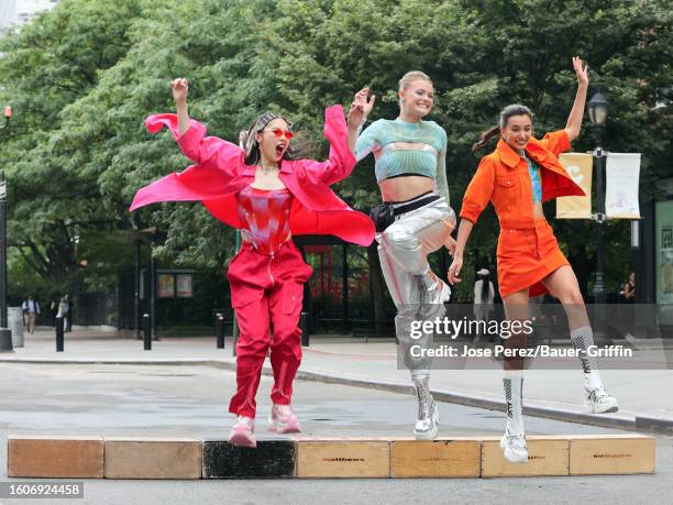 Valerie Zhang, Jordyn Miller and Nanabah Grace are seen on the set of 'Maybelline' commercial on August 17, 2023 in New York City.