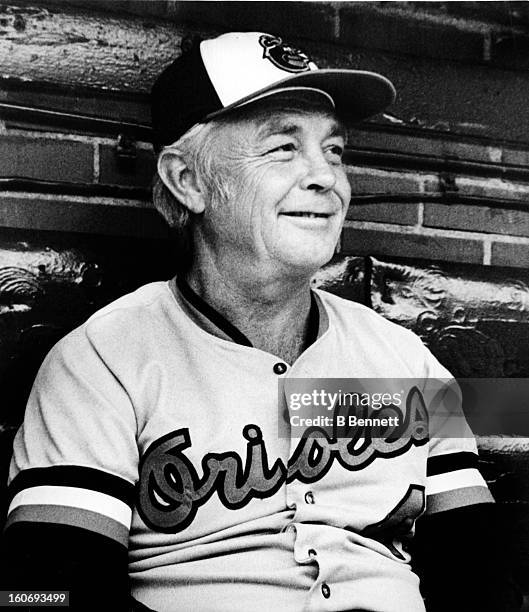 Manager Earl Weaver of the Baltimore Orioles looks on from the dugout before an MLB game on October 2, 1979 at the Memorial Stadium in Baltimore,...
