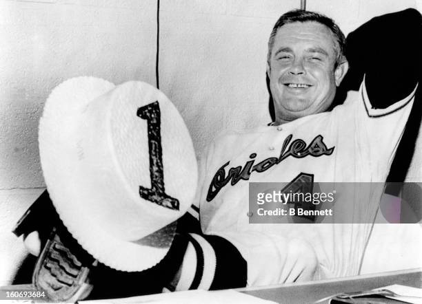 Manager Earl Weaver of the Baltimore Orioles holds a straw hat with the number 1 on it as the Orioles would win the American League eastern division...