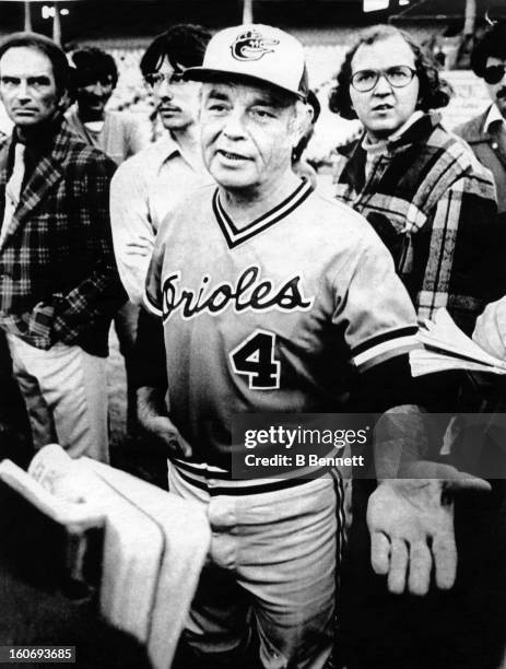 Manager Earl Weaver of the Baltimore Orioles talks with the media before Game 1 of the 1979 World Series against the Pittsburgh Pirates on October 8,...