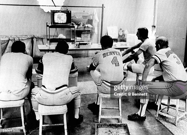 Brooks Robinson, coach Jim Fry, manager Earl Weaver, coach George Bamberger and Mark Balanger of the Baltimore Orioles watch the Los Angeles Dodgers...