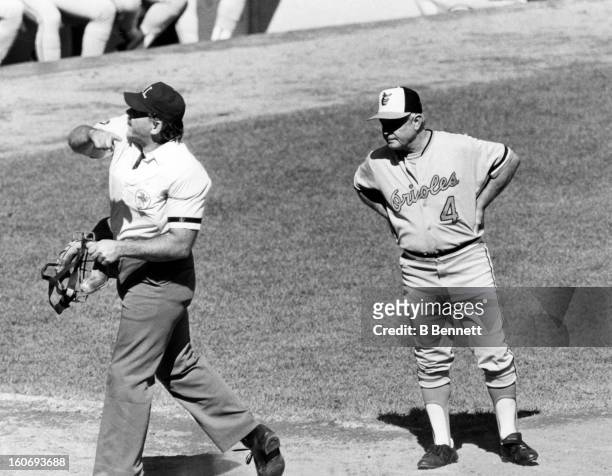 Manager Earl Weaver of the Baltimore Orioles is thrown out of the game after arguing a call during an MLB game circa 1980.