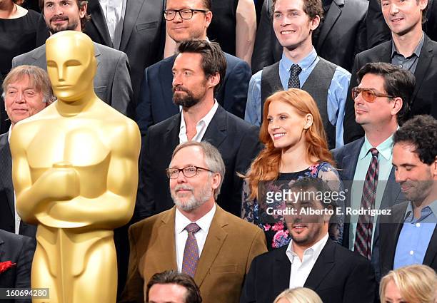 Actor Hugh Jackman, actress Jessica Chastain, and writer/director Roman Coppola attend the 85th Academy Awards Nominations Luncheon at The Beverly...
